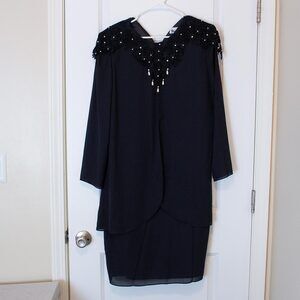 Elegant VTG Patra Dress Black Beaded Pearl Detail Formal Layered 12 Dark Winter